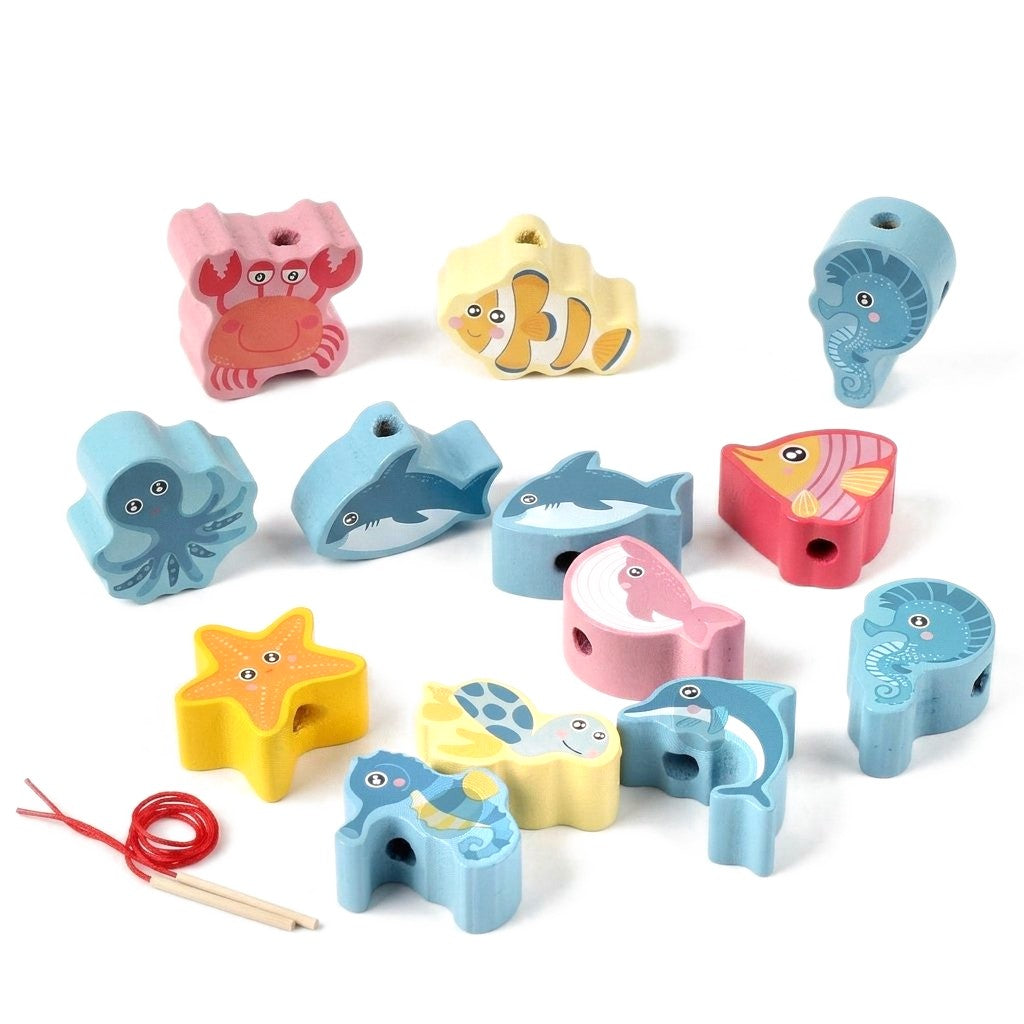 Onze perles en bois animaux marins et lacet
