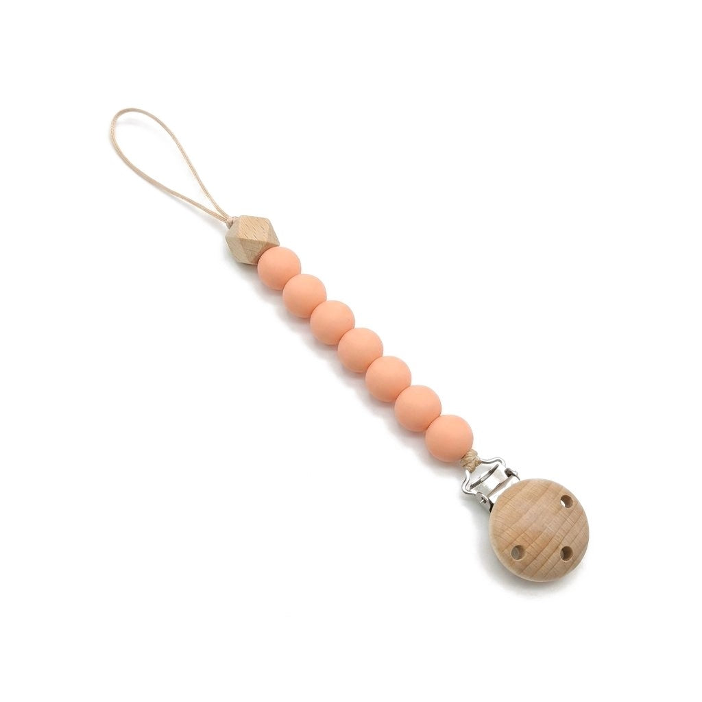 Attache-tétine perles en silicone pêche, clip en bois