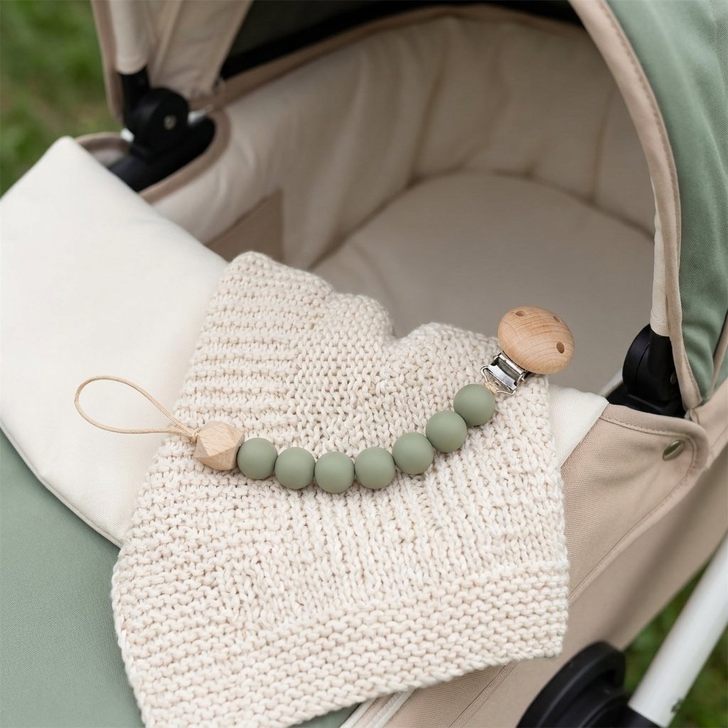 Attache-tétine perles clipsée sur une couverture de poussette