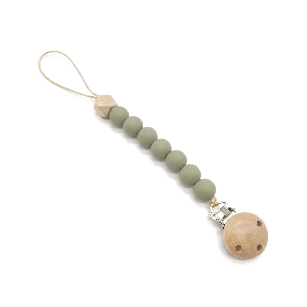 Attache-tétine perles en silicone vert sauge, clip en bois