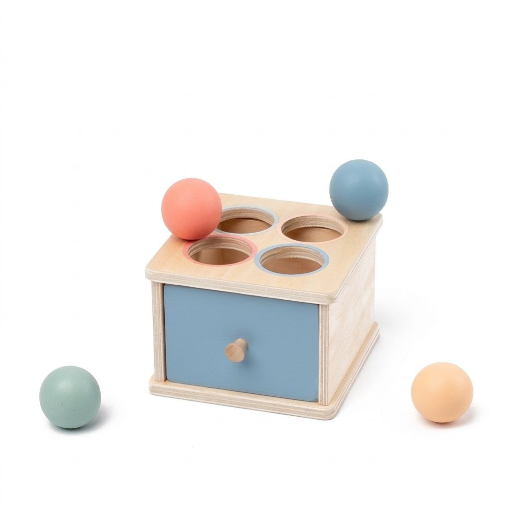 Boîte à permanence de l'objet en bois avec tiroir bleu et quatre boules