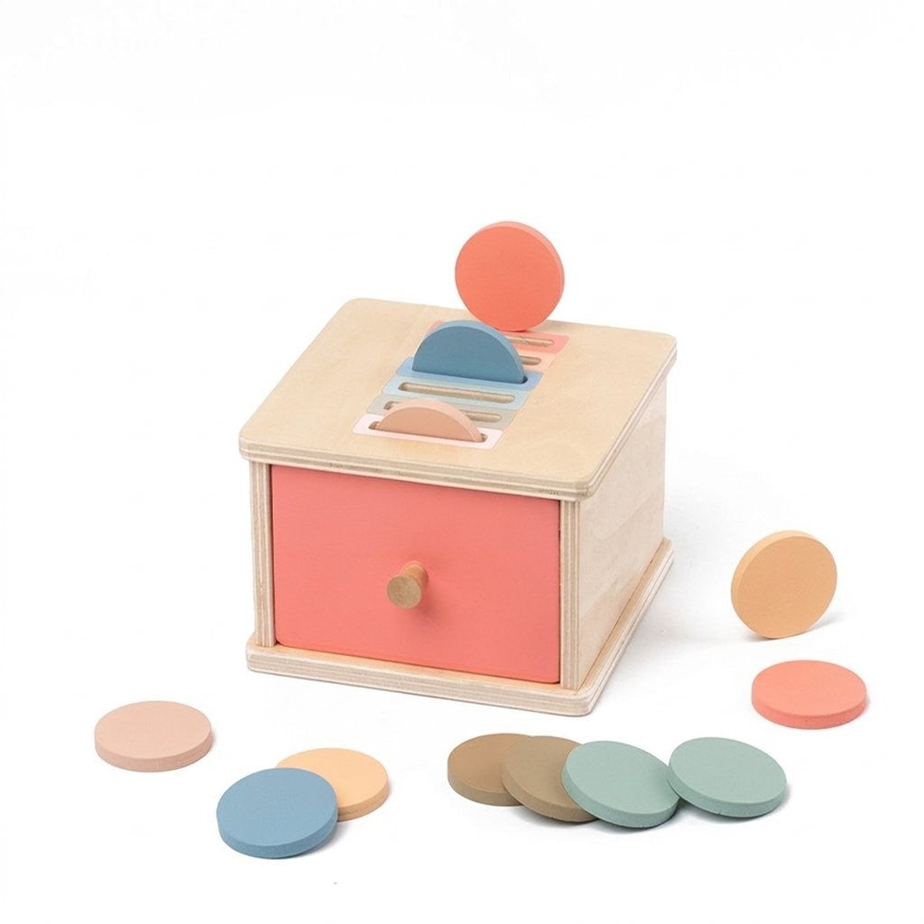 Boîte à jetons Montessori en bois avec tiroir corail et jetons ronds