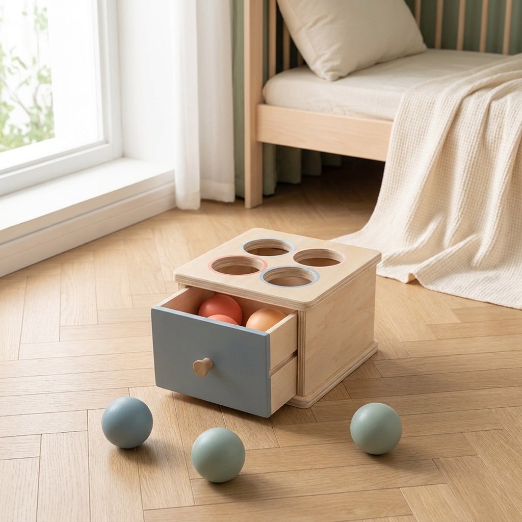 Boîte à permanence de l'objet, tiroir entrouvert avec deux boules