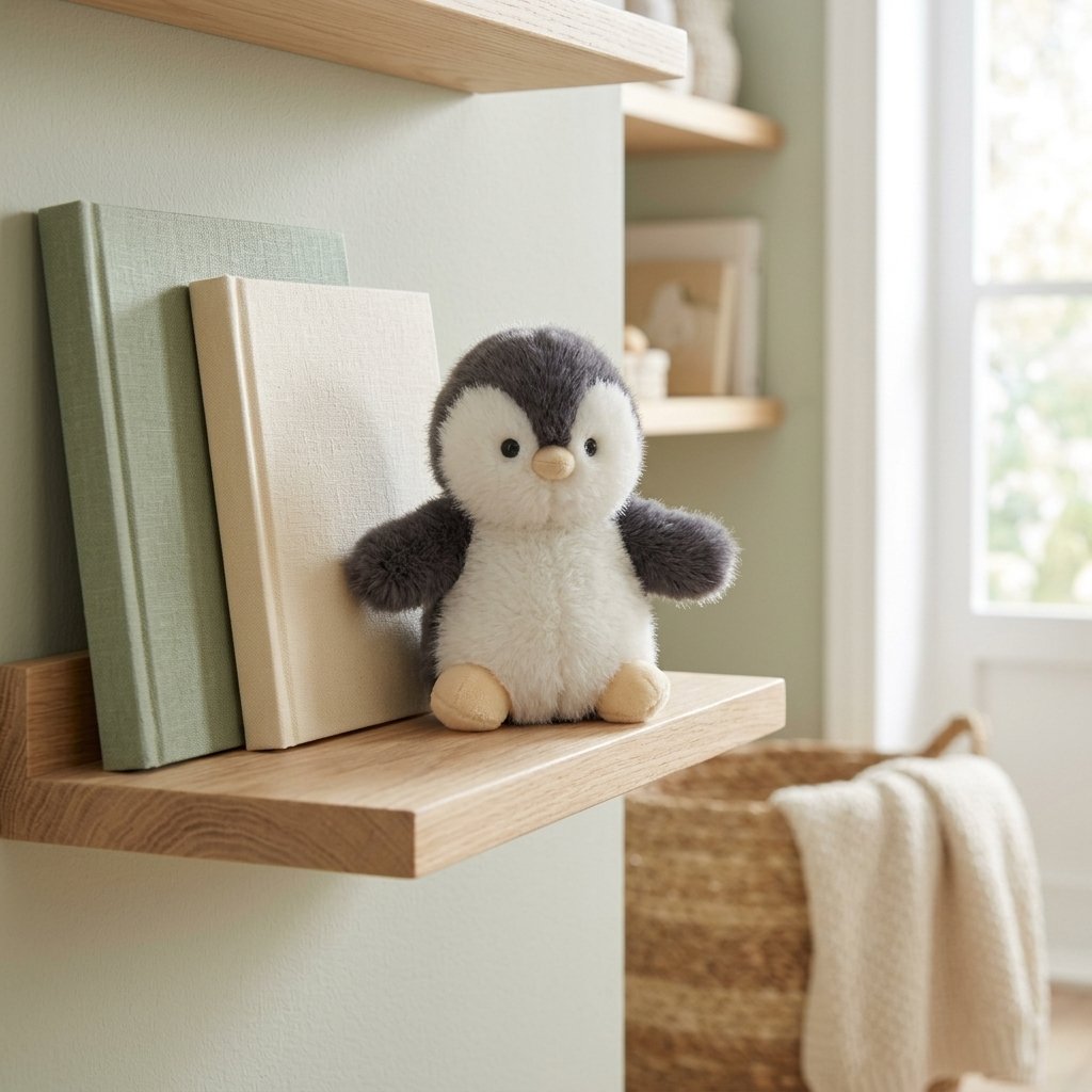Petite peluche pingouin assise sur une étagère à côté de livres