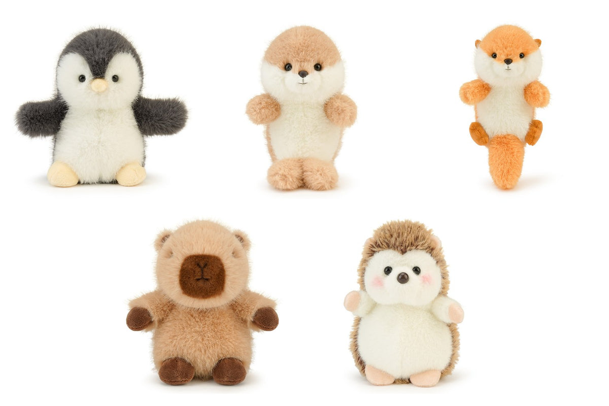 Les cinq petites peluches duveteuses : pingouin, phoque, loutre, capybara, hérisson Image