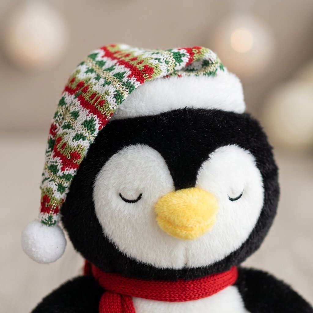 Gros plan sur le visage aux yeux fermés et le bonnet de la peluche pingouin