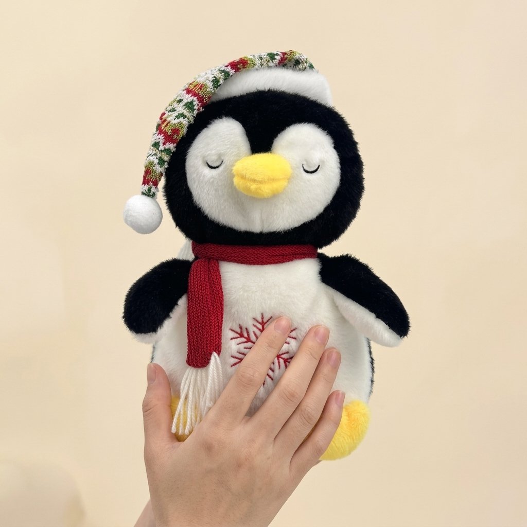 Main posée sur le ventre de la peluche pingouin qui respire Image