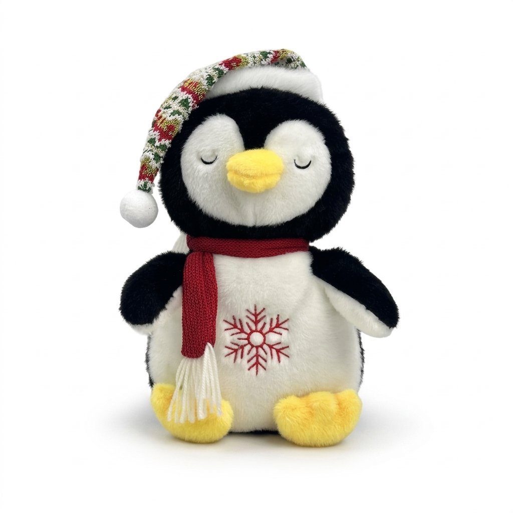 Peluche qui respire pingouin de Noël au bonnet tricoté et flocon brodé