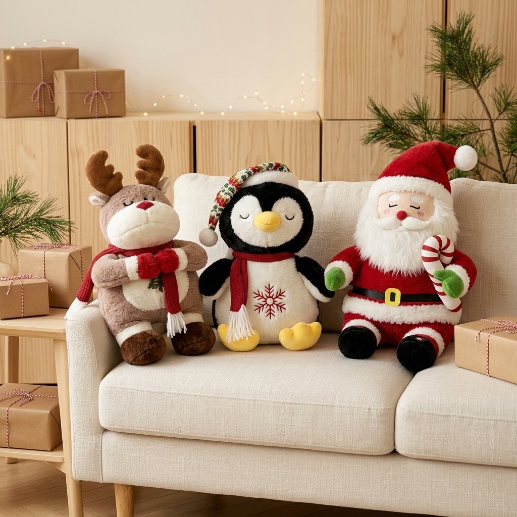 Trois peluches de Noël, pingouin, renne et Père Noël, sur un canapé
