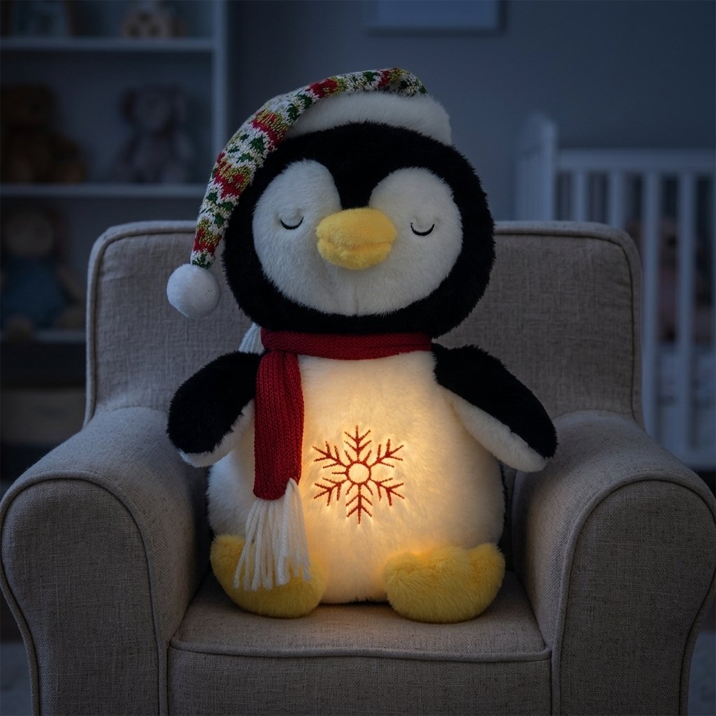 Peluche pingouin au ventre lumineux dans un fauteuil le soir