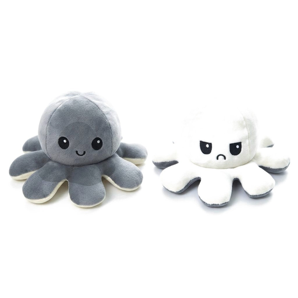 Peluche pieuvre réversible grise souriante et blanche boudeuse