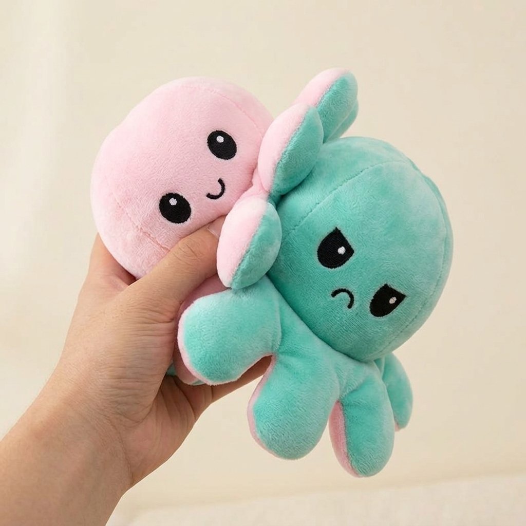 Main retournant la peluche pieuvre réversible