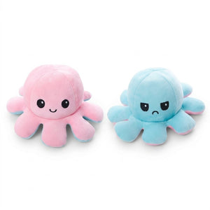 Peluche pieuvre réversible rose souriante et bleue boudeuse
