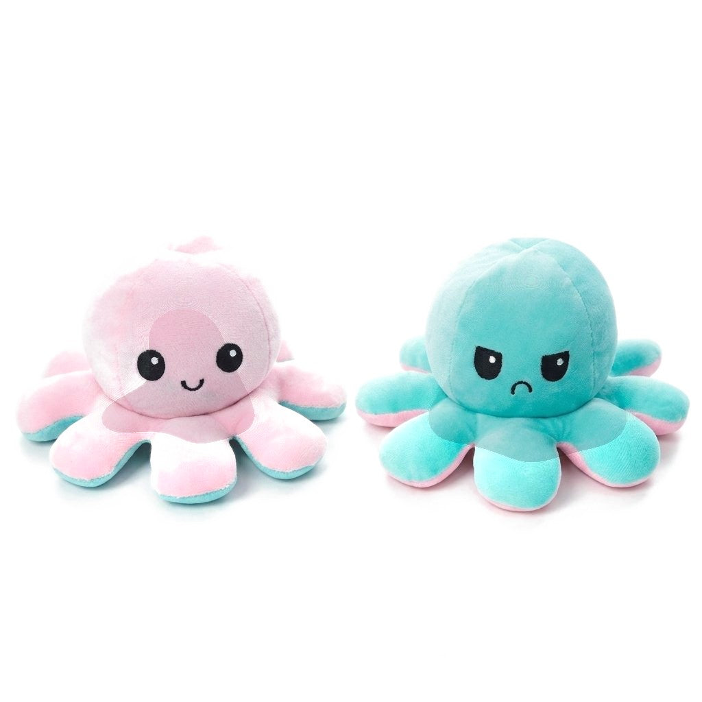 Peluche pieuvre réversible rose souriante et vert d'eau boudeuse