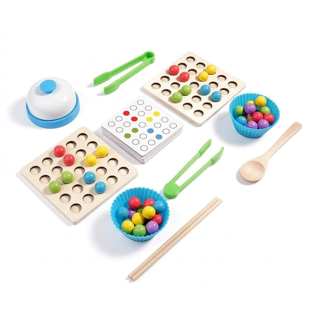 Jeu de perles à attraper : plateaux en bois, perles, pinces, sonnette et cartes