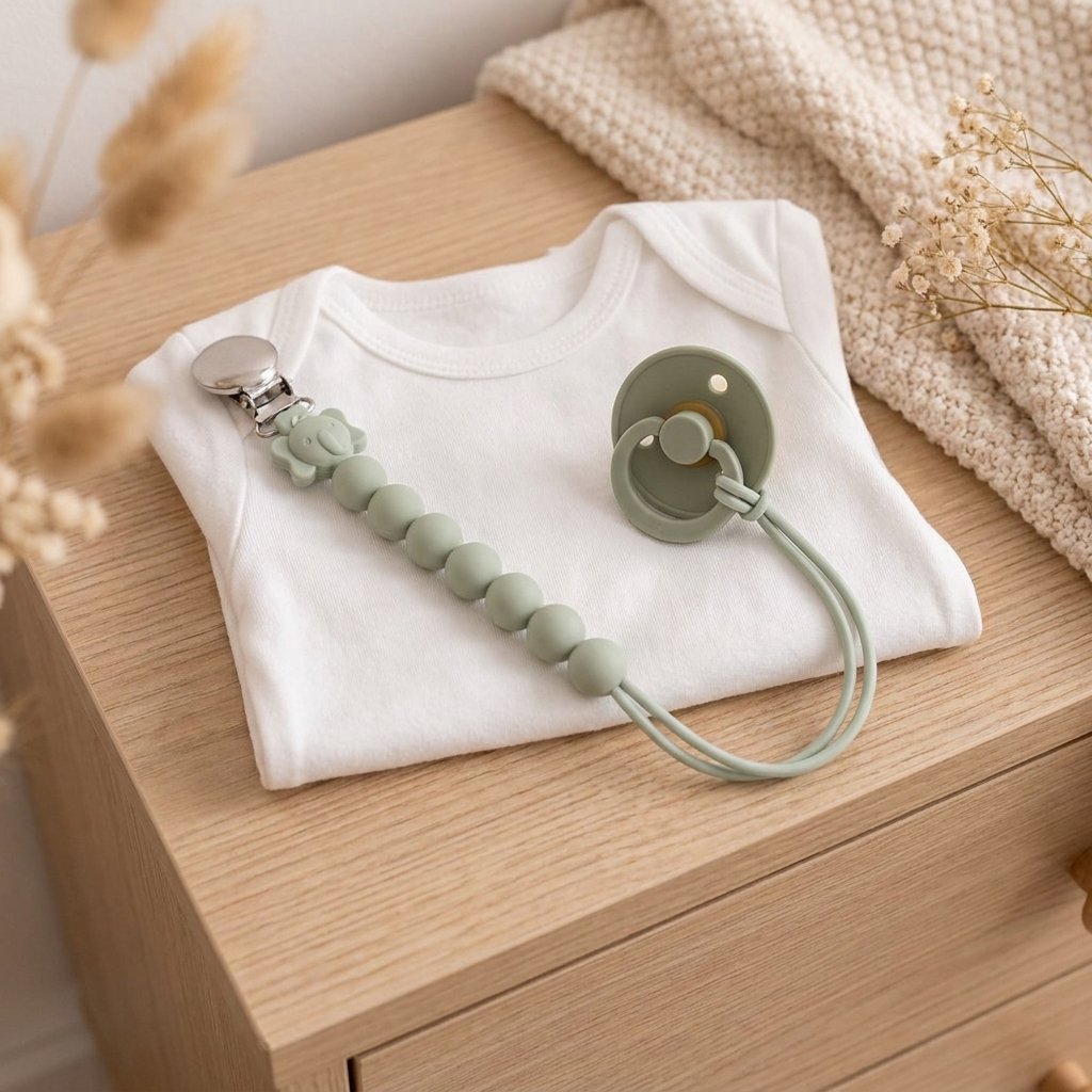 Attache-tétine silicone sauge clipsée sur un body plié