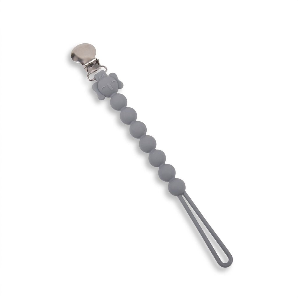 Attache-tétine tout silicone grise avec pince métal