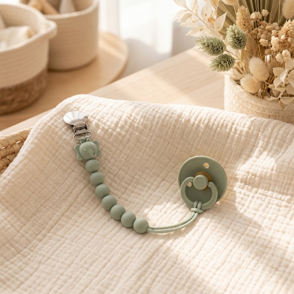 Attache-tétine silicone reliée à une tétine sur un lange