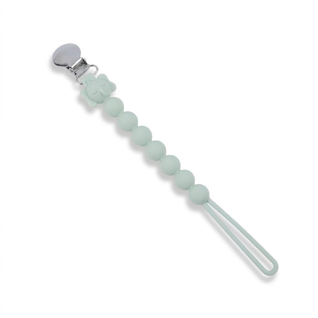 Attache-tétine tout silicone vert sauge avec pince métal