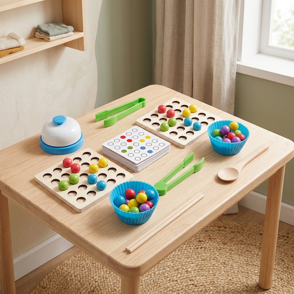 Jeu de perles à pincer sur une petite table d'enfant