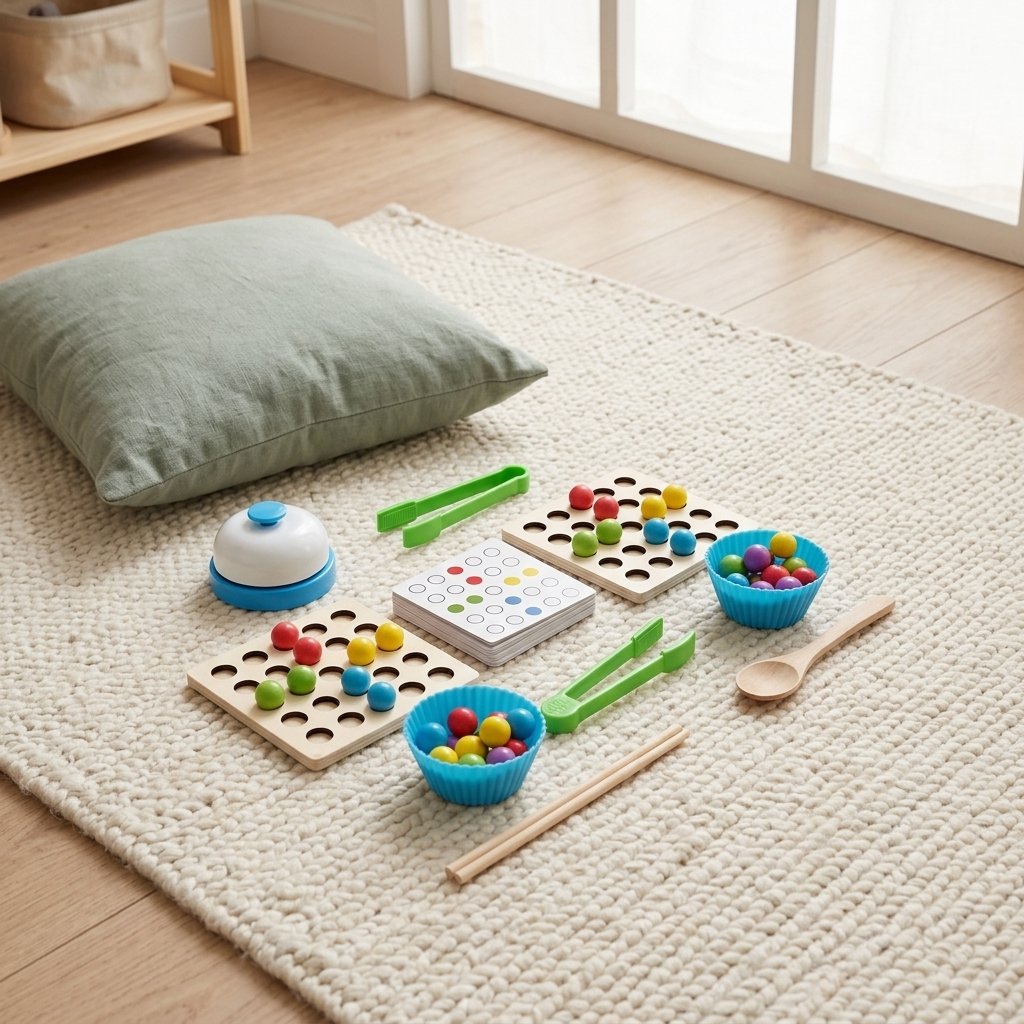 Jeu de perles à pincer posé sur un tapis crème