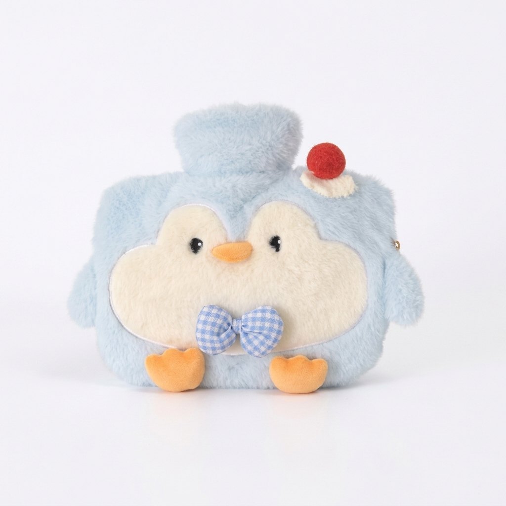 Bouillotte peluche pingouin bleu ciel à nœud papillon
