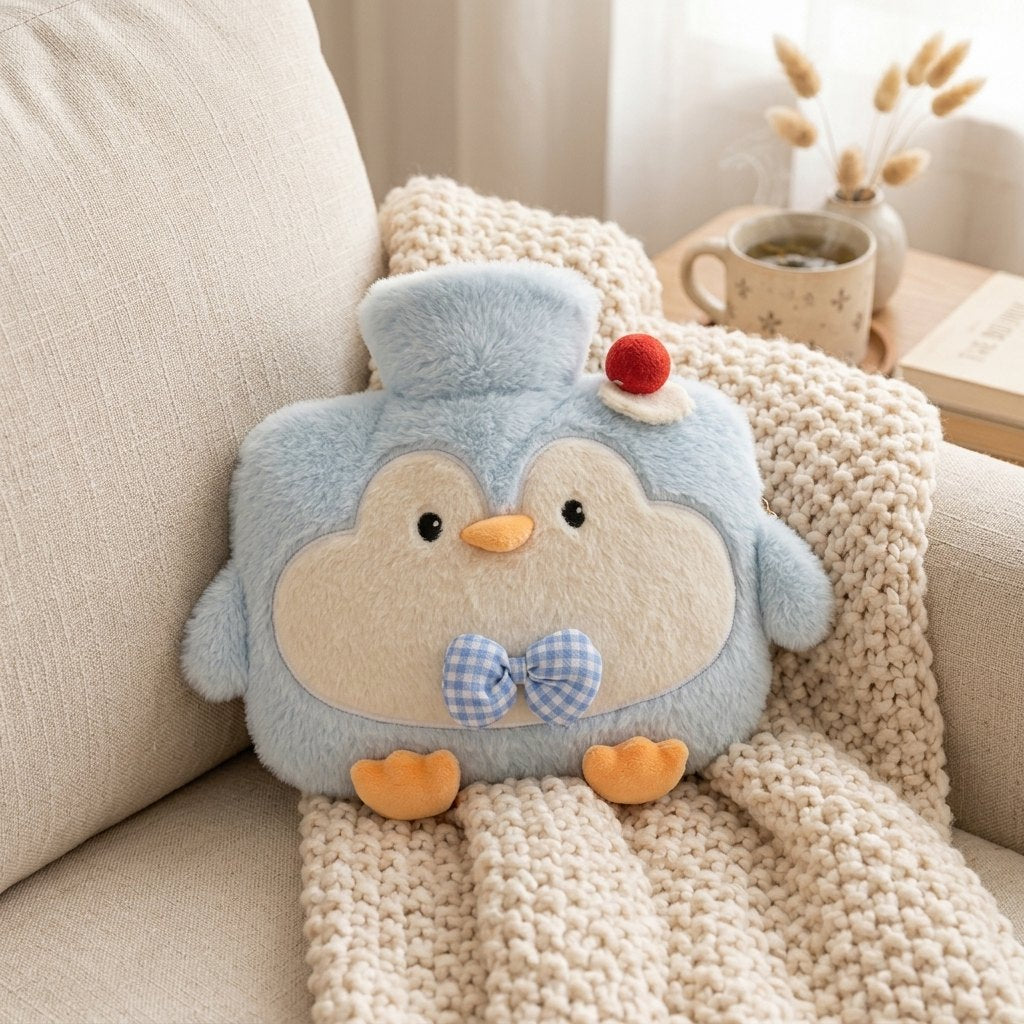 Bouillotte pingouin bleu ciel sur un canapé avec un plaid en maille