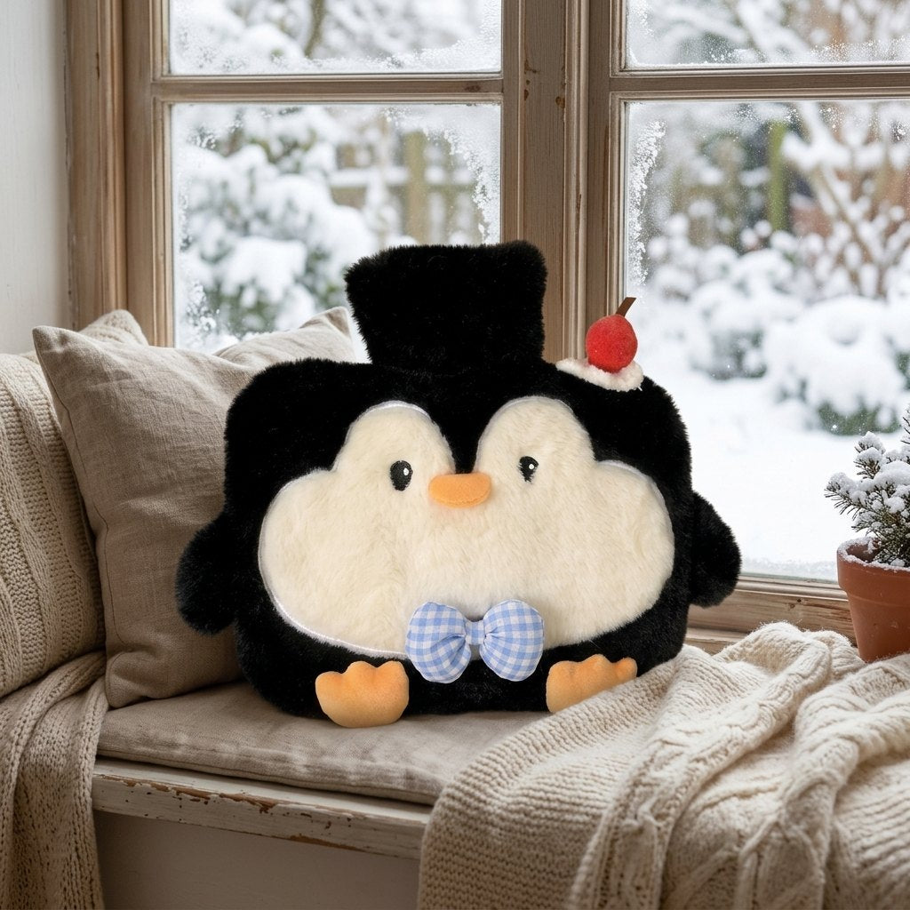 Bouillotte pingouin noir sur un rebord de fenêtre en hiver