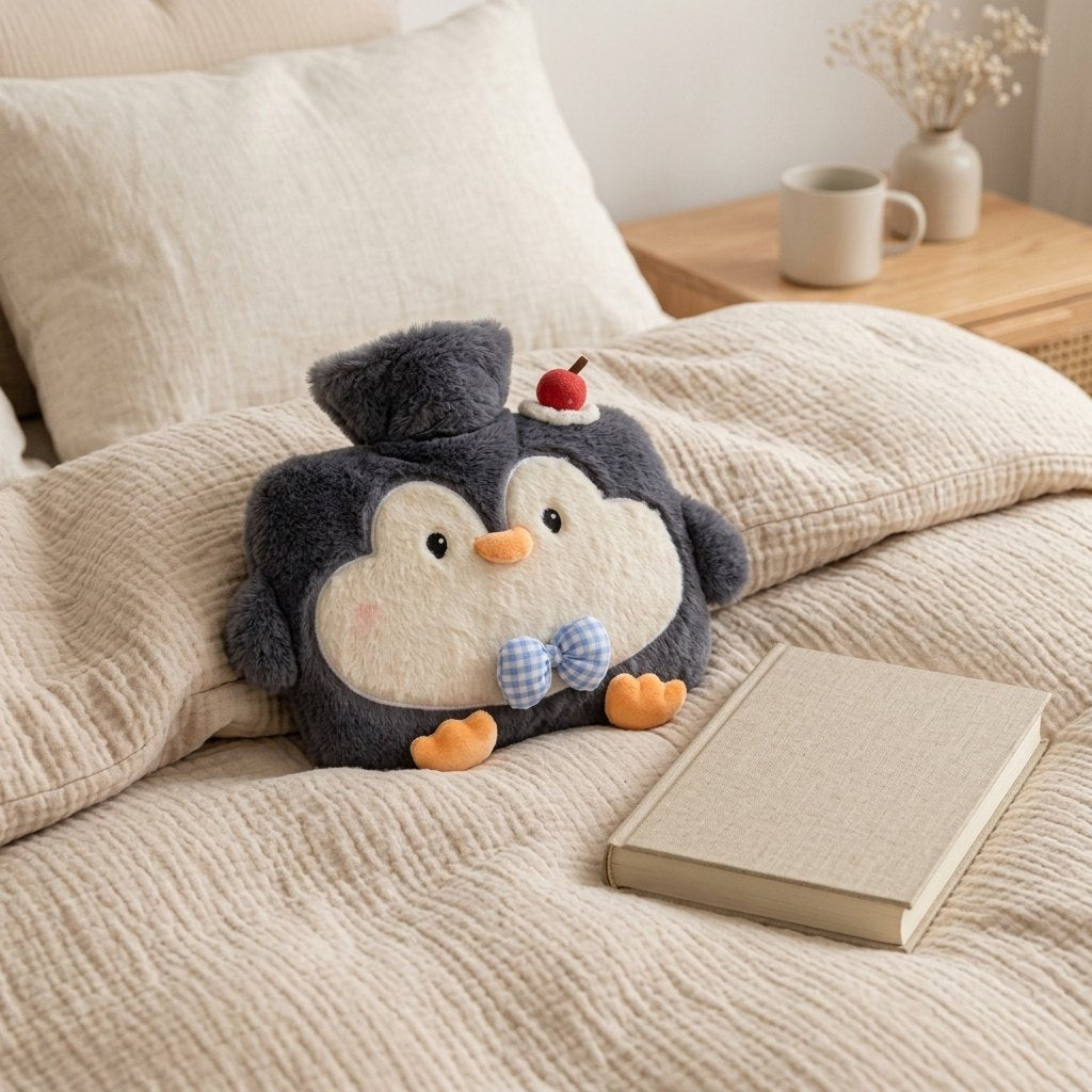 Bouillotte pingouin gris posée sur une couette en gaze de coton