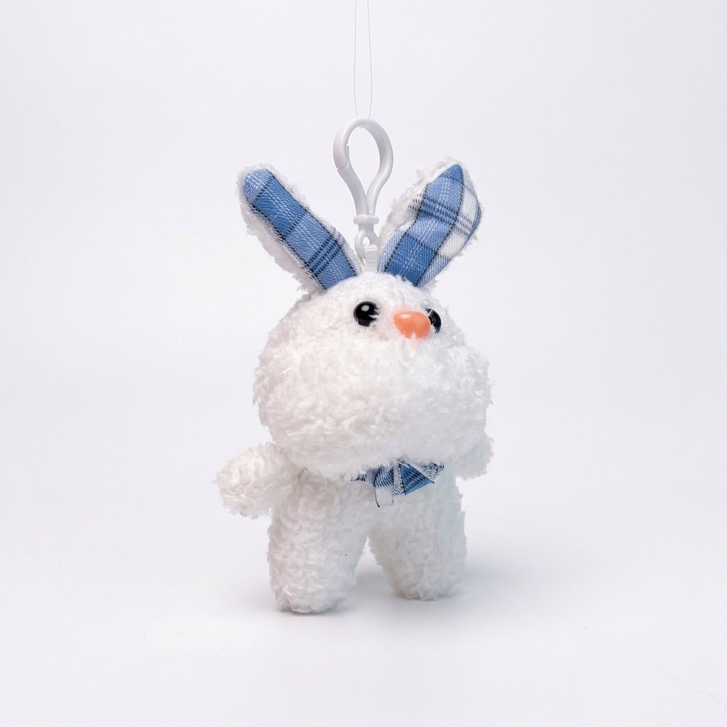 Porte-clé peluche lapin blanc bouclé aux oreilles à carreaux bleus