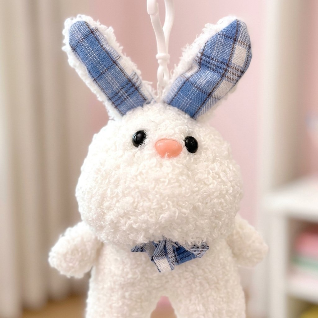 Détail du visage bouclé du lapin porte-clé