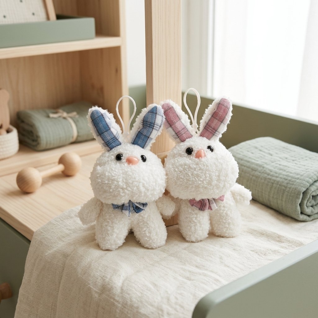 Deux porte-clés lapin, oreilles bleues et oreilles roses Image