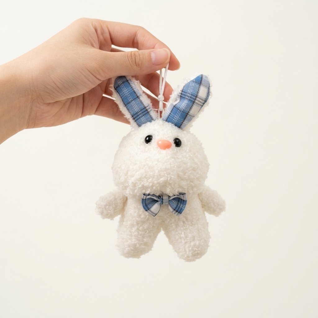 Porte-clé peluche lapin tenu par son attache