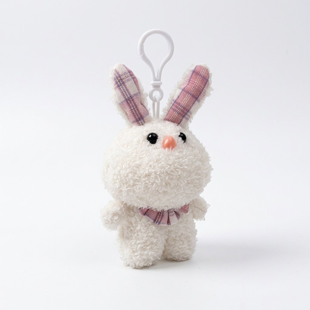 Porte-clé peluche lapin blanc bouclé aux oreilles à carreaux roses