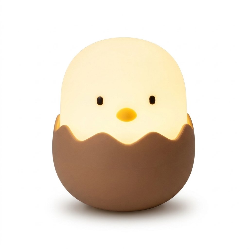 Veilleuse poussin dans sa coquille brune allumée