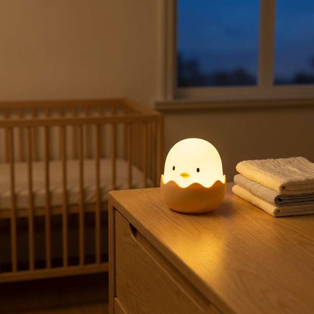Veilleuse poussin allumée sur une commode