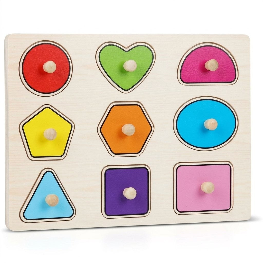 Puzzle à encastrer en bois, neuf formes géométriques à boutons