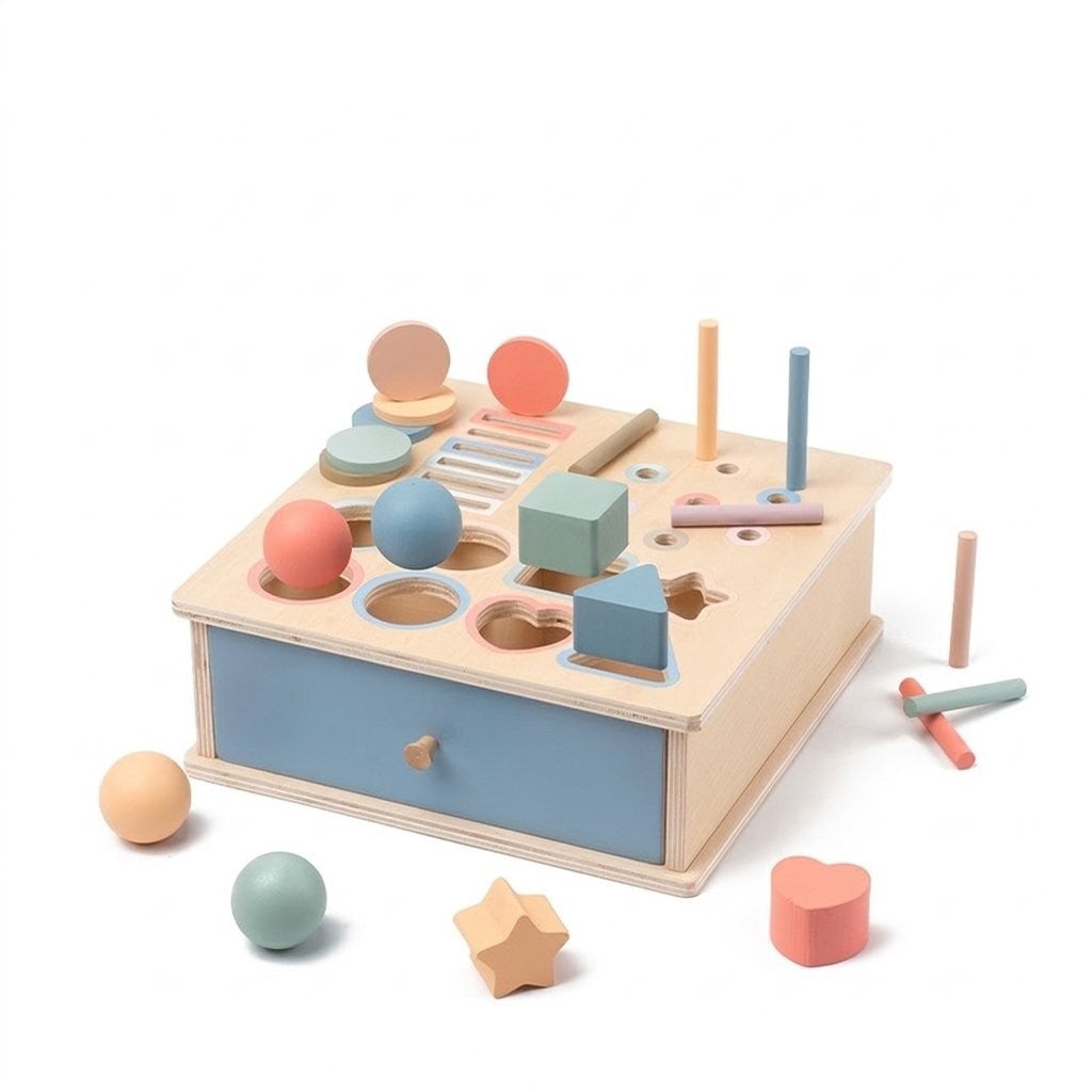 Boîte d'activités Montessori 4 en 1 en bois avec grand tiroir bleu