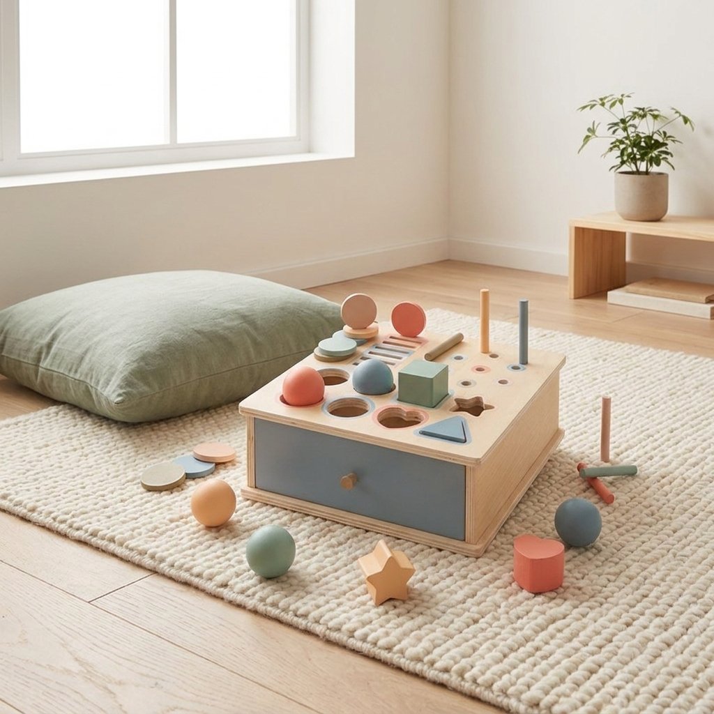 Boîte 4 en 1 et ses pièces sur un tapis crème
