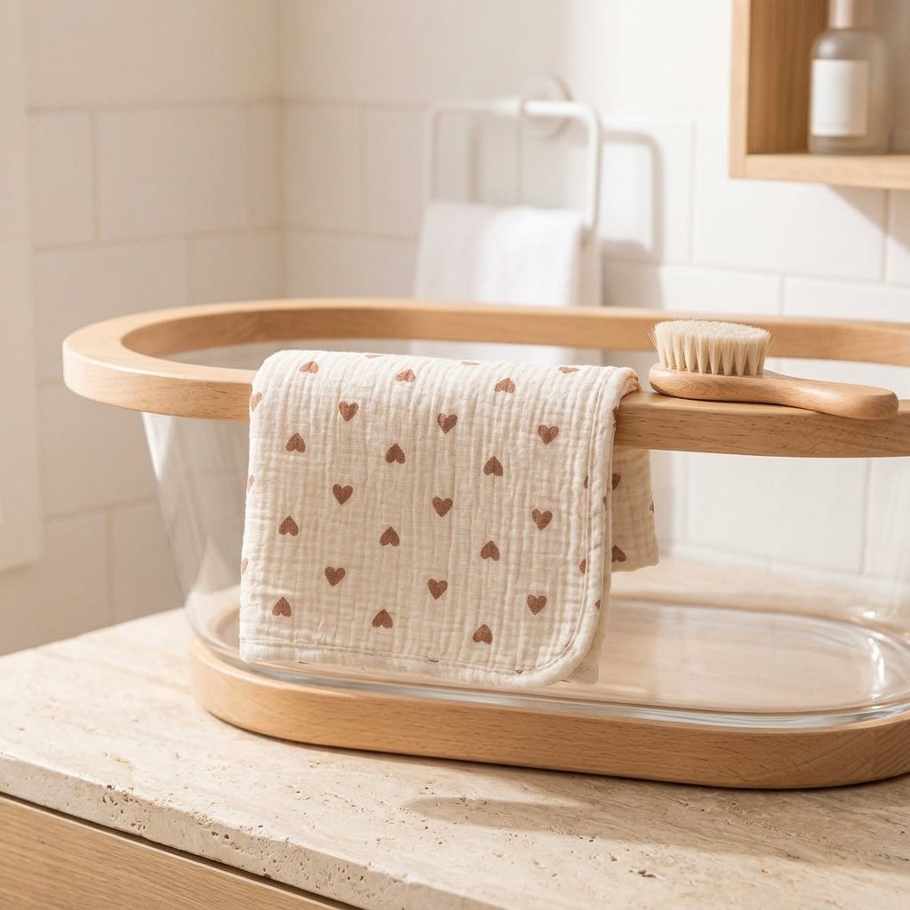 Lange mousseline posé sur une baignoire bébé en bois