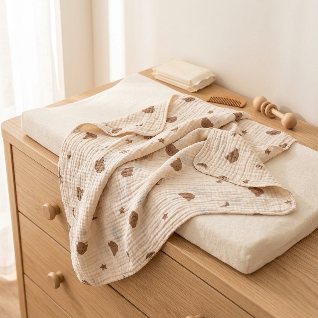 Lange mousseline déplié sur un matelas à langer Image