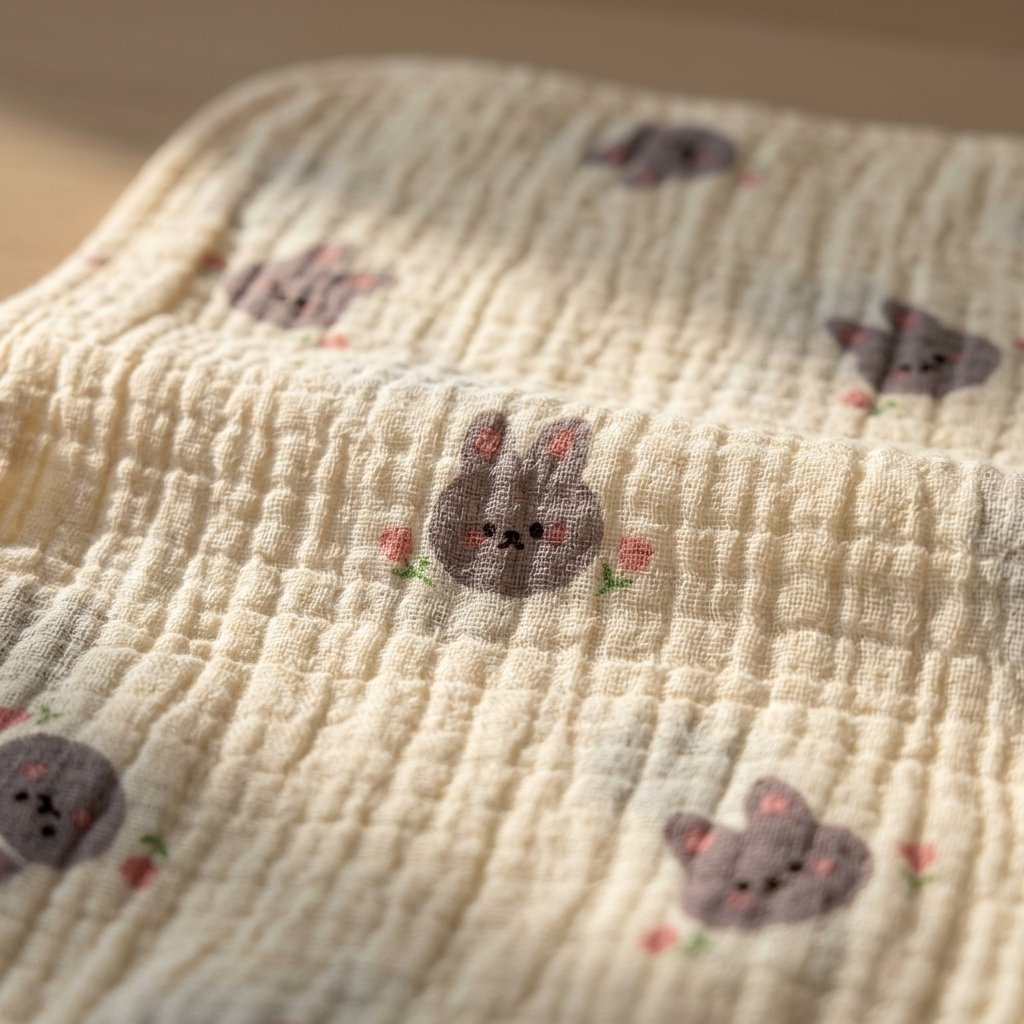 Détail de la mousseline froissée imprimée lapins