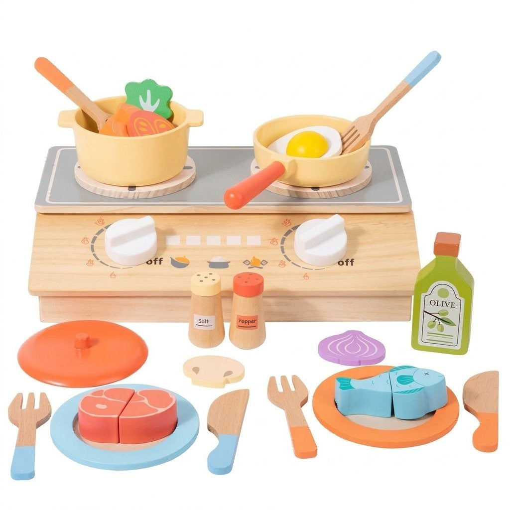 Dinette en bois : réchaud deux feux, casserole, poêle, assiettes et aliments à couper