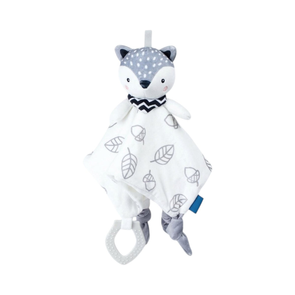 Doudou renard gris et blanc avec anneau de dentition