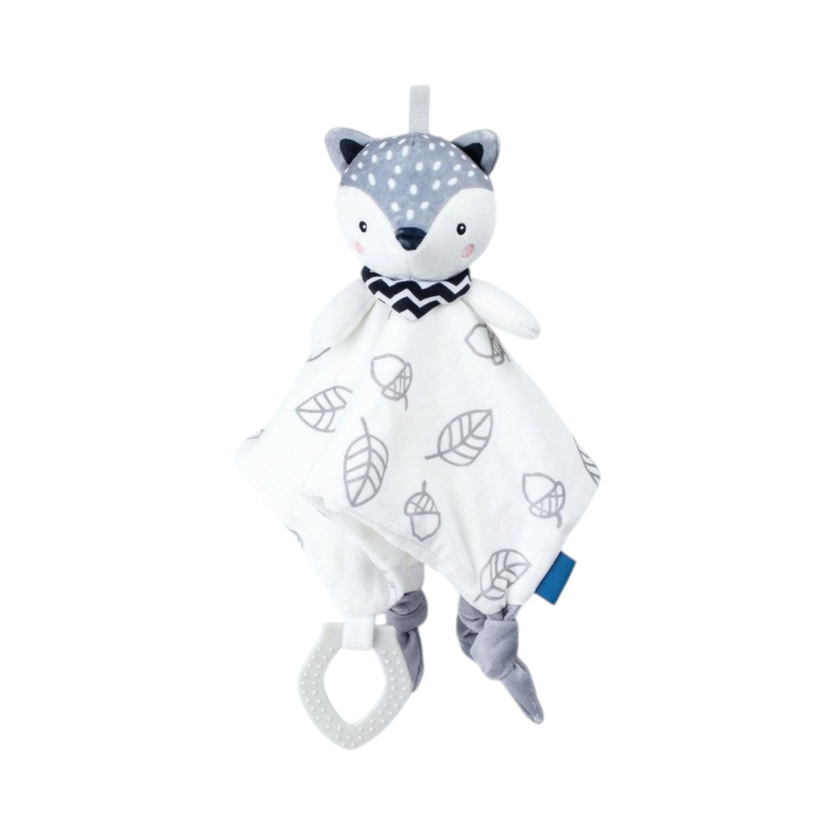 Doudou renard gris et blanc avec anneau de dentition