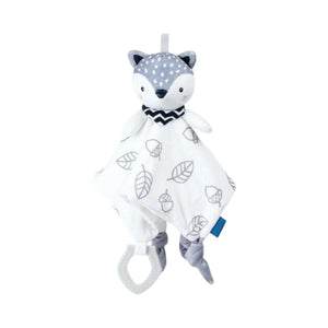 Doudou renard gris et blanc avec anneau de dentition