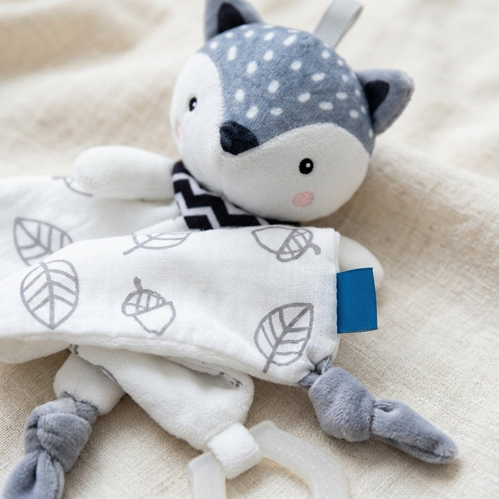 Détail de la tête du doudou renard et de son col noir et blanc