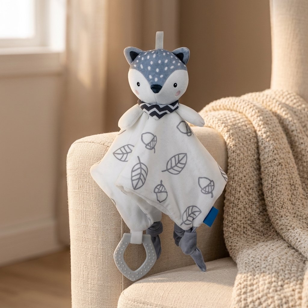 Doudou renard gris et blanc posé sur un fauteuil
