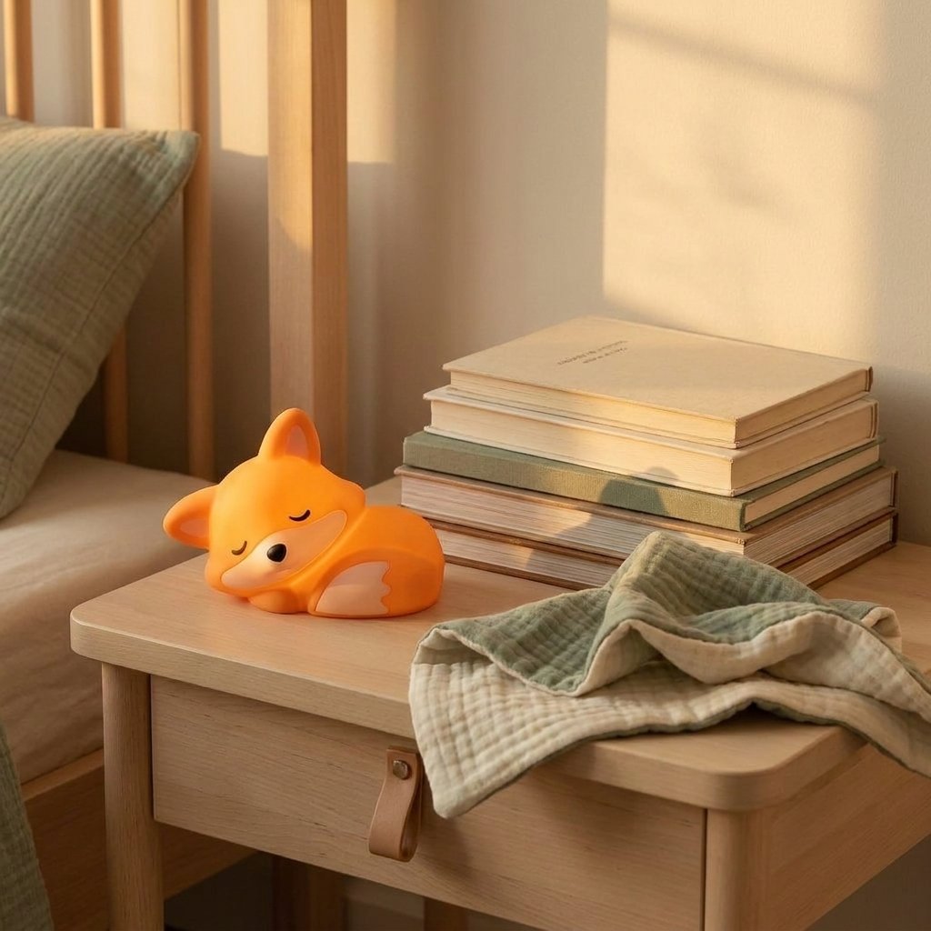 Veilleuse renard sur une table de chevet avec des livres d'enfant