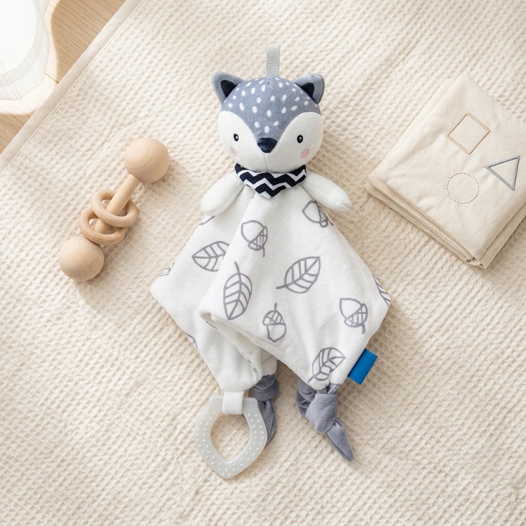 Doudou renard sur un tapis de jeu avec un hochet en bois